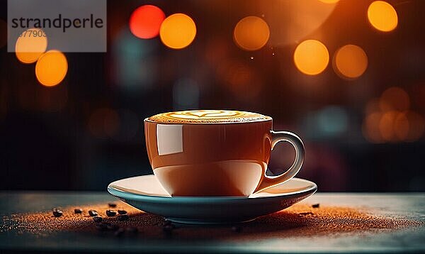 Eine dampfende Tasse Kaffee mit Latte Art auf einer Untertasse  umgeben von warmen Bokeh Lichtern  die ein gemütliches Ambiente schaffen Ai generated