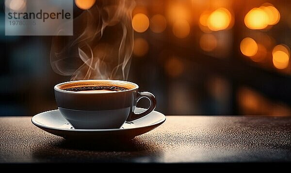 Eine dampfende Kaffeetasse auf einem Holztisch mit einem warm leuchtenden Bokeheffekt durch die erzeugten Lichter  KI generiert