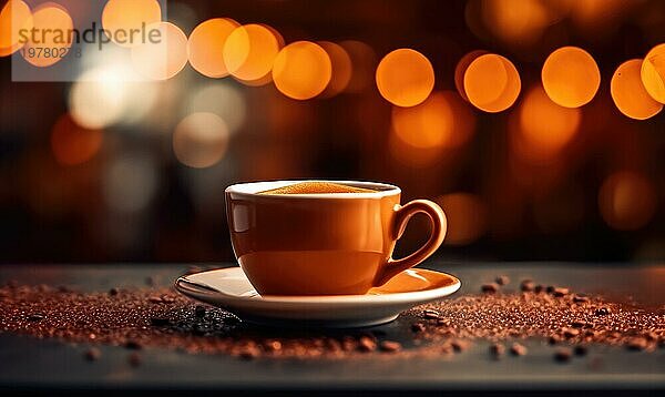 Ein warmtoniges Bild einer Kaffeetasse auf einer Untertasse  umgeben von Kaffeebohnen mit weichen Bokeh Lichtern Ai erzeugt