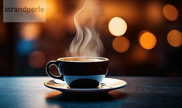 Eine dampfende Tasse Kaffee auf einer Untertasse mit einem warmen  goldenen Bokeh Beleuchtungseffekt  der eine gemütliche Café Atmosphäre schafft Ai erzeugt