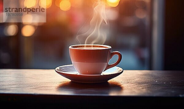 Eine dampfende Kaffeetasse auf einem Holztisch mit einem warm leuchtenden Bokeheffekt durch die erzeugten Lichter  KI generiert