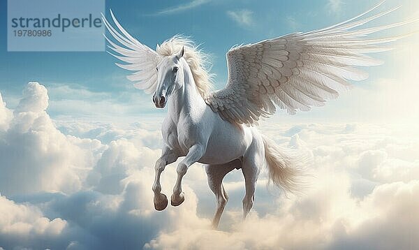 Ein majestätischer weißer Pegasus mit ausgebreiteten Flügeln schwebt durch einen wolkenverhangenen Himmel und verkörpert die Freiheit und Anmut  die Ai erzeugt hat