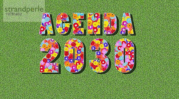 Grafik  Text  Zahl  Jahreszahl  Beschriftung mit Agenda 2030 mit vielen bunten Blumen  Schmetterlingen  auf grünem Hintergrund  im Sonnenlicht mit Schattenwurf als Symbol für Klimaschutz  Naturschutz und Umweltschutz