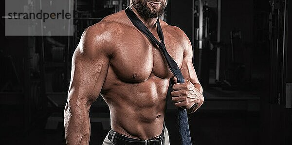 Attraktiver Mann mit Krawatte posiert in der Turnhalle. Business und Bodybuilding Konzept. Sportliche Aktivitäten. Gemischte Medien