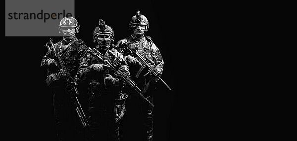 Drei Soldaten in Uniform mit einer Waffe in der Hand blicken bedrohlich. Gemischte Medien