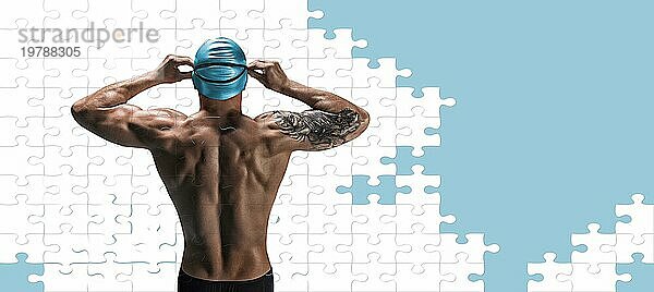 Porträt einer Schwimmerin in Form eines Puzzles. Das Konzept des Schwimmens und der Wasserspiele. Rückansicht. Gemischte Medien