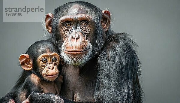 Tierporträt  Ein weiblicher Schimpanse in zärtlichem Kontakt mit einem Jungtier  einem Schimpansenbaby  KI generiert
