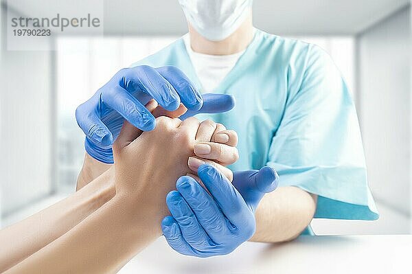 Der Arzt schützt die Hand des Patienten mit seinen eigenen Händen. Medizinisches Konzept. Versicherung. Gemischte Medien