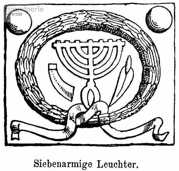Siebenarmiger Leuchter  Kandelaber  Verzierungen  historische Illustration 1886