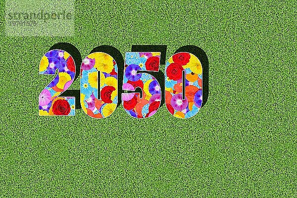 Jahreszahl  Jahr 2030 geschrieben mit bunten Blumen auf grünem Hintergrund  Grafik  Agenda 2030