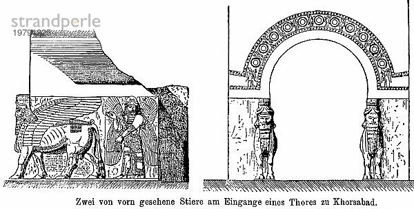 Zwei Stiere am Eingang eines Tores zu Khorsabad  Assyrien  Palast  von vorn  Bogen  Menschen  Ornamentik  Antike  historische Illustration 1886