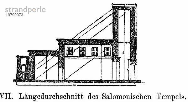 Tempel des Salomon  Querschnitt  Aufriss  Harmonie der Proportionen  Seitenräume  Pylon  Architektur  Antike  historische Illustration 1886
