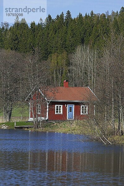 Schwedische rote Holzhütte am Fluss im Frühling  Värmland  Schweden  Europa