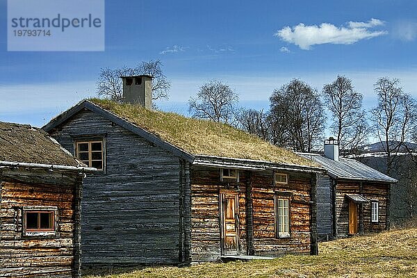 Blockhaus mit Grasdach in Fatmomakke  Lappland  Schweden  Europa