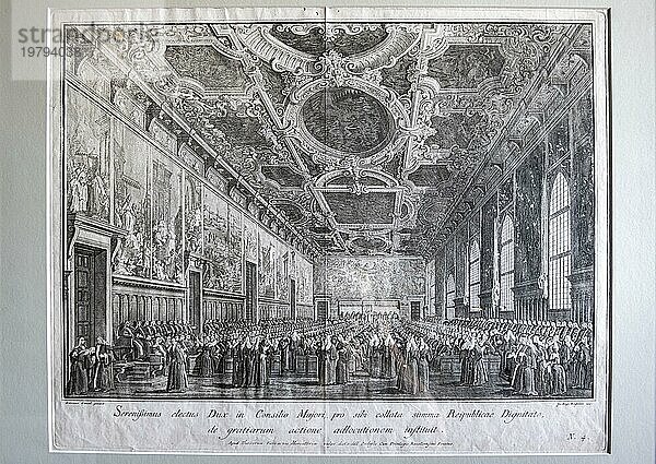 Historische Abbildung des Sala Del Maggior Consiglio bei der Versammlung des Großen Rates  Innenaufnahme  Dogenpalast  Palazzo Ducale  Venedig  Venetien  Italien  Europa