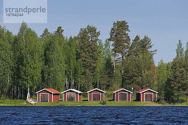 Rote Holzboothäuser am Siljansee im Sommer  Dalarna  Schweden  Europa