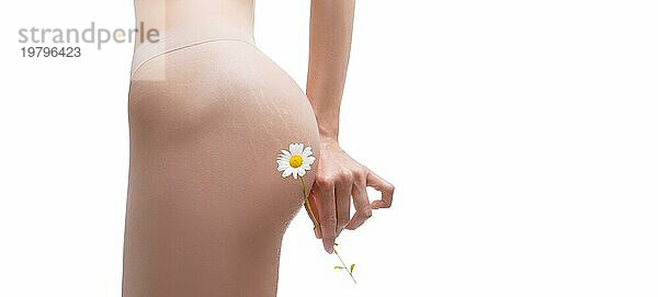 Bild von weiblichen Oberschenkeln mit Dehnungsstreifen auf der Haut. Kamillenblüten. Prävention der Behandlung mit natürlichen Salben. Medizinische Bio Produkte. Gemischte Medien