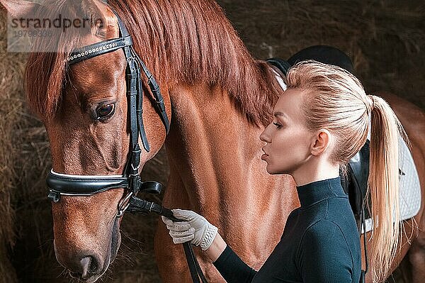 Atemberaubende Blondine posiert mit einem Vollblutpferd. Ranch Urlaub Konzept.