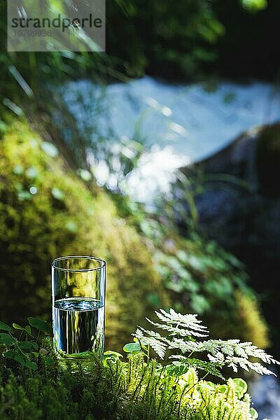 Klares Wasser in einem klaren Glas vor einem Hintergrund aus grünem Moos mit einem Bergfluss im Hintergrund. Gesundes Essen und umweltfreundliches natürliches Wasser