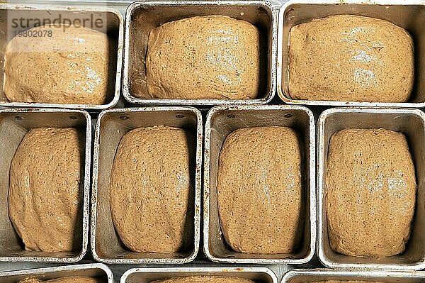 Ungekochtes Brot in Form von Teig wird vor dem Backen in Brotdosen gelegt. Craft Brot. Kravtovoe Herstellung von gesundem und gesundes Brot. Blick von oben