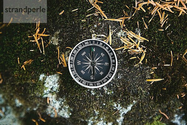 Magnetkompass mit schwarzem Zifferblatt auf einem wilden  mit grünem Moos bewachsenen Stein. Das Konzept der Wegfindung und Navigation