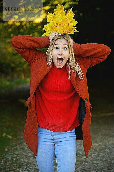 Schöne junge Frau spielt mit gelben Herbstblättern. Porträt einer fröhlichen Frau im Herbst Park