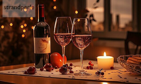 Elegante und romantische Atmosphäre beim Essen mit Weingläsern  Kerzen und Herzdekorationen AI erzeugt  KI generiert