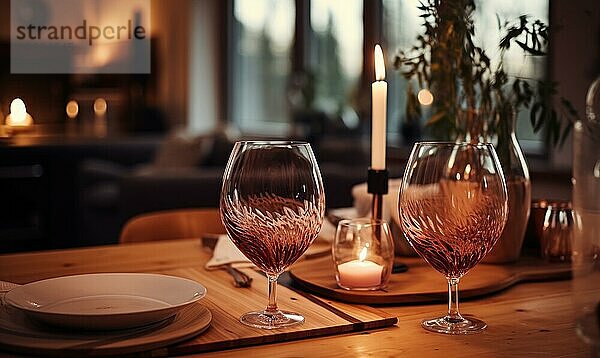 Zwei Weingläser auf einem Tisch mit Kerzen  die eine romantische Lichtstimmung erzeugen AI  KI generiert