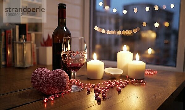 Romantische Abendstimmung mit Wein  Kerzen und herzförmiger Dekoration auf einem Holztisch AI erzeugt  KI generiert