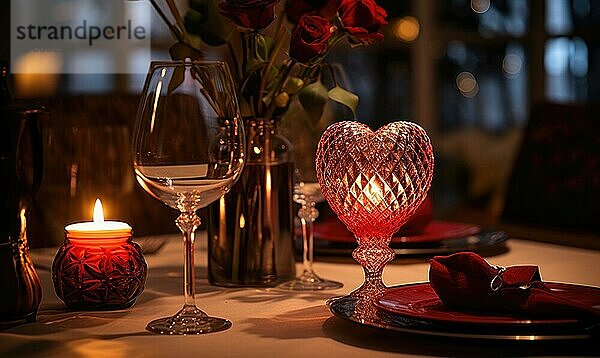 Romantische Abendstimmung mit einer Weinflasche  Gläsern  Kerzen und Herzdekorationen AI erzeugt  KI generiert