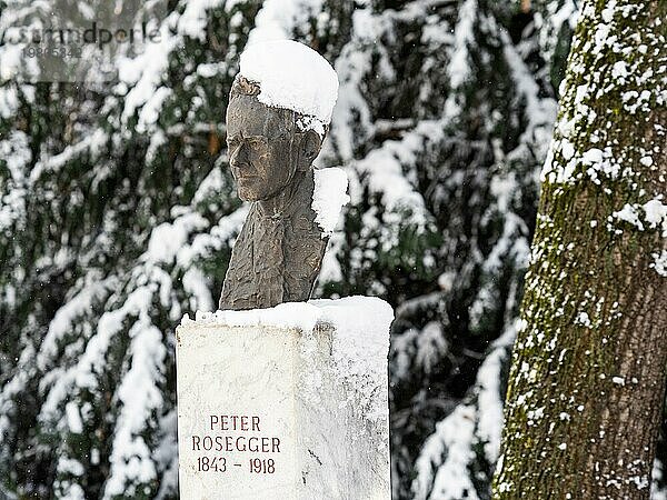 Winterstimmung  verschneites Denkmal  Peter Rosegger Denkmal  Peter-Tunner-Park  Leoben  Steiermark  Österreich  Europa