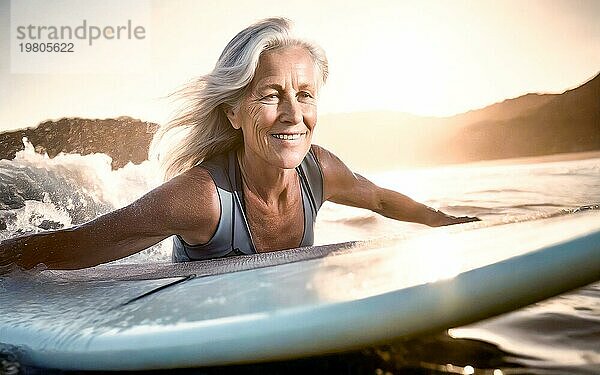 ältere Frau auf einem Surfbrett im Meer  sportliche Senioren im Ruhestand  KI generiert  AI generated