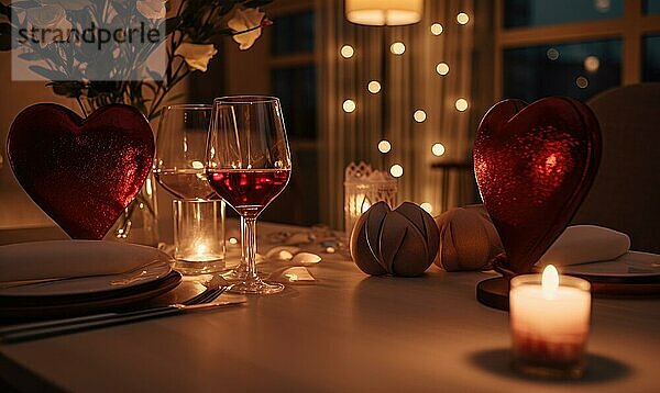 Abendliches Abendessen mit Wein und romantischer herzförmiger Dekoration mit Kerzenlicht AI erzeugt  KI generiert