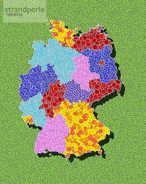 Landkarte von Deutschland mit allen Bundesländern  Umriss  mit Blumen gestaltet  Grafik mit grünem Hintergrund  Symbol für Klimaschutz  Naturschutz