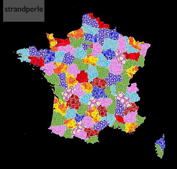 Landkarte von Frankreich mit allen Departements  Umriss  mit Blumen gestaltet  Grafik mit schwarzem Hintergrund  Symbol für Klimaschutz  Naturschutz