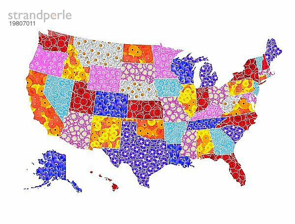 Landkarte der USA  Vereinigte Staaten von Amerika mit allen Staaten  Umriss  mit Blumen gestaltet  Grafik mit weißem Hintergrund  Symbol für Klimaschutz  Naturschutz