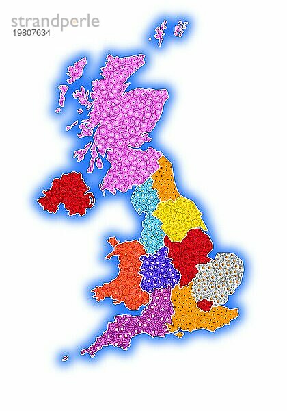 Landkarte und Umriss von Großbritannien  mit weißem Hintergrund  mit Blumen in vielen Farben  steht für Klimaschutz und Umweltschutz  saubere Natur  Grafik  mit Vergissmeinnicht (Myosotis)  einer Malvenart (Malvaceae)  Gelbe Narzisse (Narcissus pseudonarcissus)  einer Art aus der Gattung der Ochsenaugen (Buphthalmum)  Purpur-Prunkwinde (Ipomoea purpurea)  Magerwiesen-Margerite (Leucanthemum vulgare) und Rose