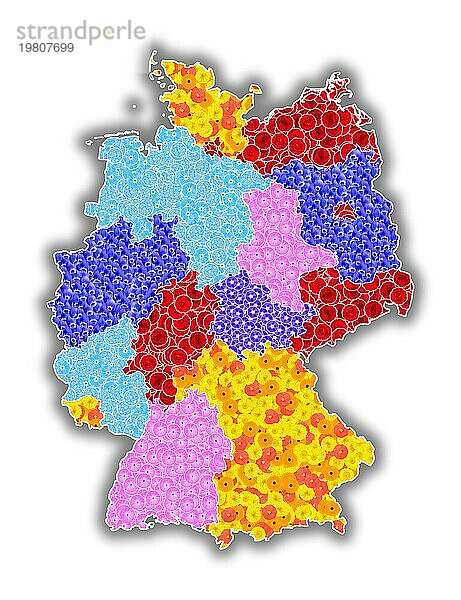 Landkarte von Deutschland mit allen Bundesländern  Umriss  mit Blumen gestaltet  Grafik mit weißem Hintergrund  Symbol für Klimaschutz  Naturschutz