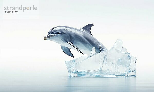 Delfin springt aus einem Eiswürfel auf weißem Hintergrund. Gefrorener Delfin auf weißem Hintergrund. Globale Erwärmung Konzept. Natur Hintergrund Ai generiert