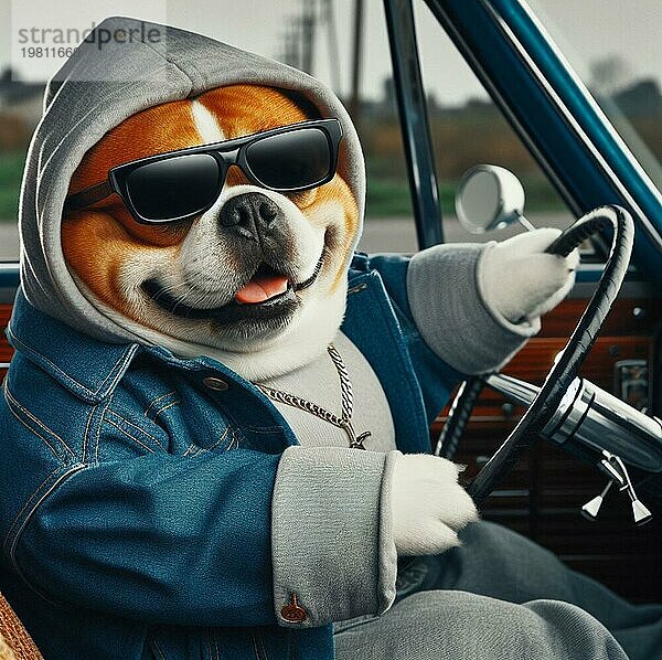Coole hispanische Gangster übergewichtig gemischte Rasse Hund Fahrt Lowrider Retroauto tragen Hoodie  Sonnenbrille und Kette  anthropomorphen lustigen Charakter ai generiert