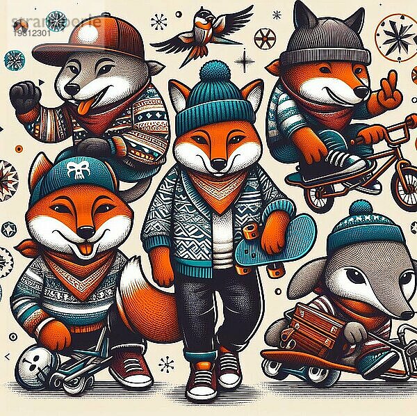 Kühle Gangster Fuchs Flip Jump Skateboard anthropomorphen lustigen Charakter Poster im Winter ai generiert