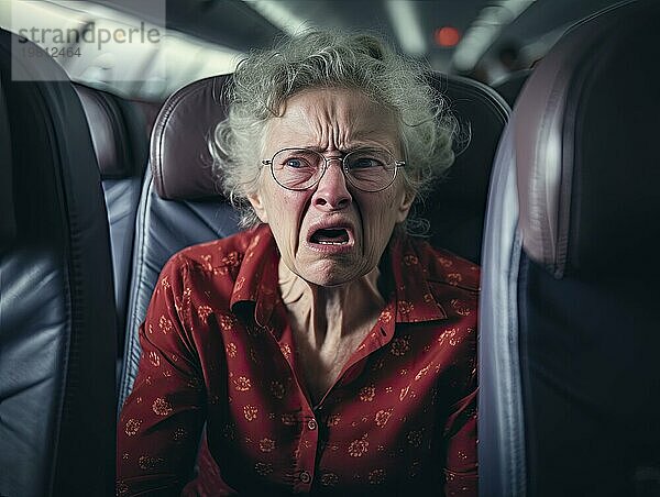 Alte Frau an Bord eines Flugzeuges. Sie wirkt angespannt  Angst und Panik vorm Fliegen. Flugangst. KI generiert