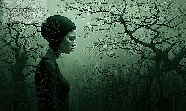 Frau in einem dunklen Wald mit einem Geist. dunkle Fantasy Illustration Ai generiert