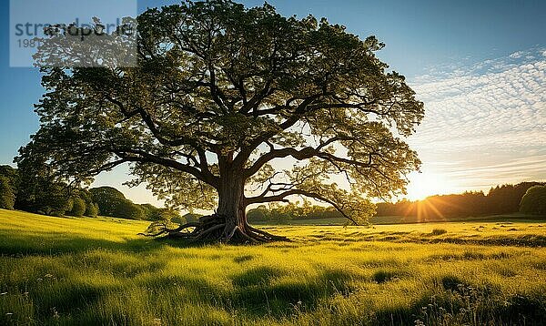 Ein einsamer Baum steht auf einer ruhigen Wiese  die in das warme Licht eines Sonnenaufgangs getaucht ist  der AI erzeugt hat  KI generiert