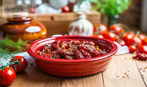 Getrocknete Tomaten in einer Schüssel auf einem hölzernen Hintergrund. Selektiver Fokus AI generiert  KI generiert