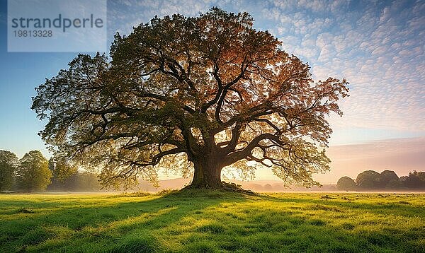 Ein majestätischer Baum steht in einer heiteren Landschaft  die in das goldene Licht des frühen Sonnenaufgangs getaucht ist  KI generiert