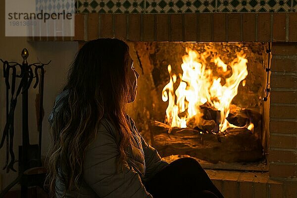 Lateinische Frau  die in den kalten Wintern vor dem Kamin sitzt und in die Flammen vertieft ist