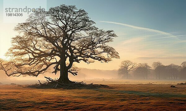 Eine heitere Sonnenaufgangsszene mit einem einsamen Baum inmitten einer nebligen  golden beleuchteten Landschaft AI generiert  KI generiert