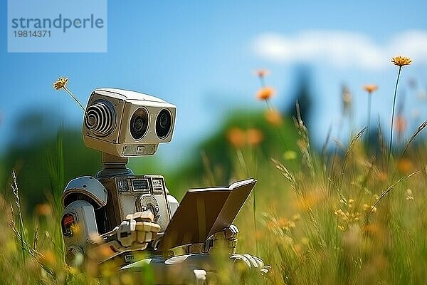 KI Lernkonzept  ein niedlicher Roboter  der auf einer Sommerwiese ein Buch liest. Das Bild fängt die Harmonie zwischen Natur und Technologie ein