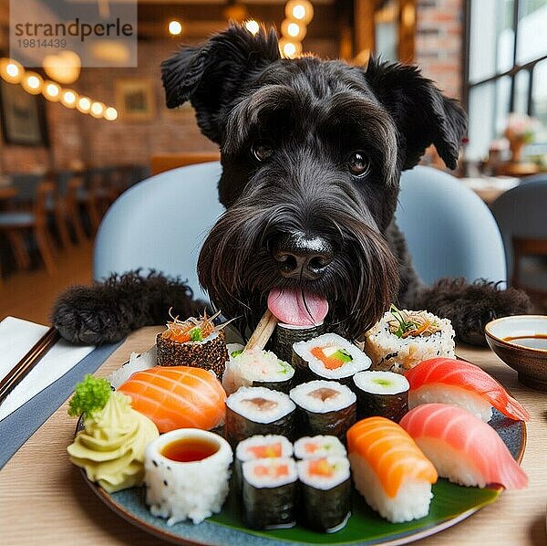 Anthropomorphic lustig schwarz Terrier Wasser Hund essen Sushirollen und Sashimi im asiatischen Restaurant für Geburtstagsfeier ai generiert